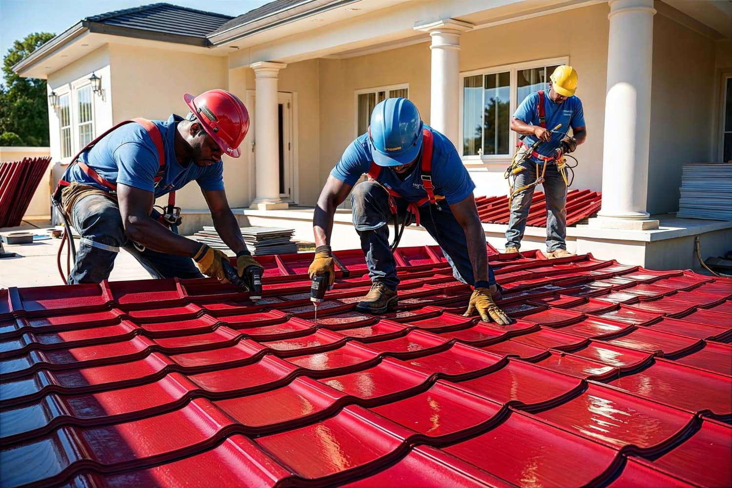 Three construction workers in safety gear installing shiny red metal roof panels on a residential building, using power drills and harnesses for safety.